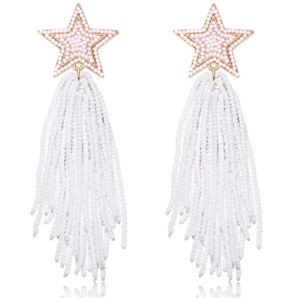 Yellow Gold and White Beaded Star Tassel Fringe Dangling Boho Post Back Earrings